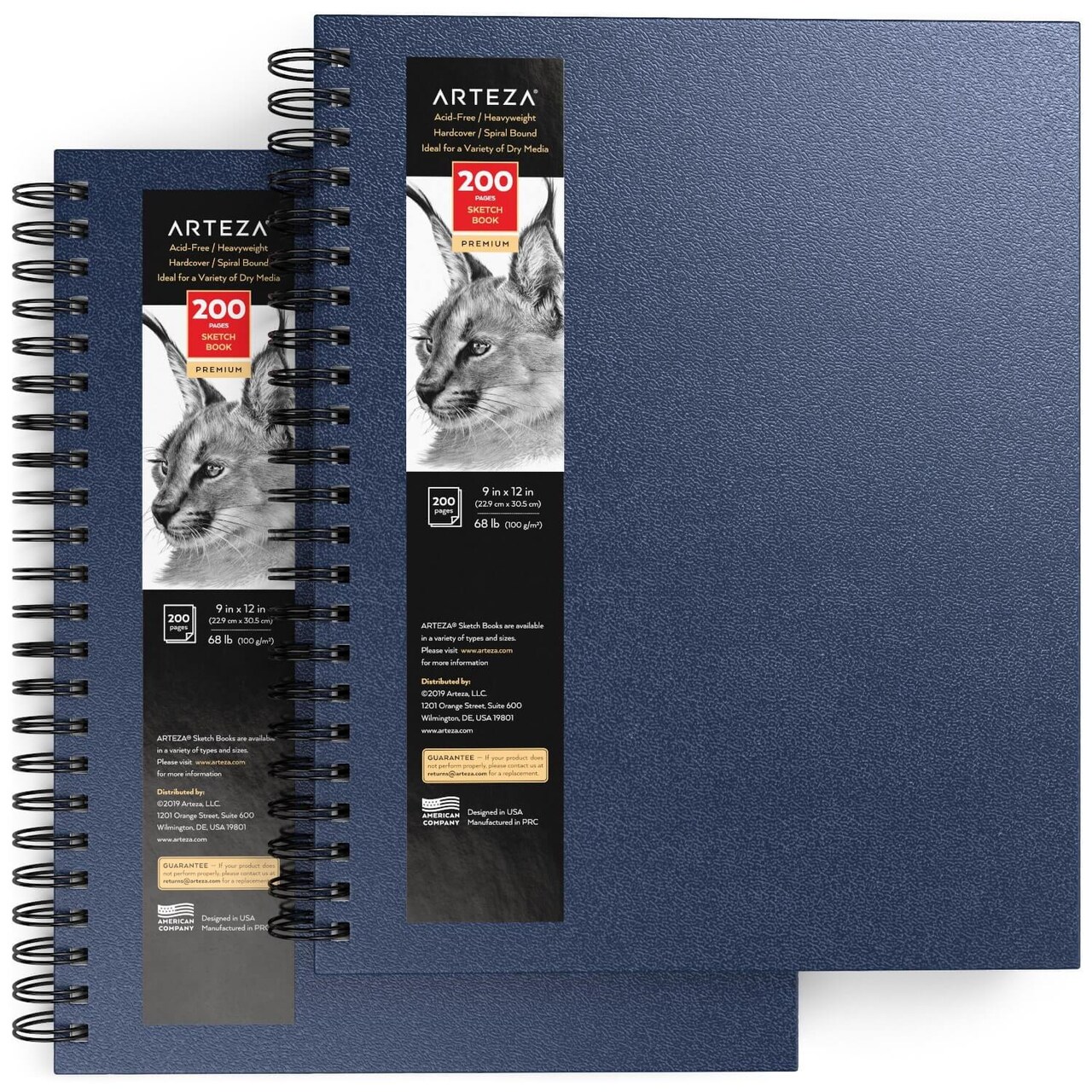 Arteza Sketchbook, Spiral-Bound Hardcover, Blue, 9x12", 200 Pages of Drawing Paper Each - 2 Pack